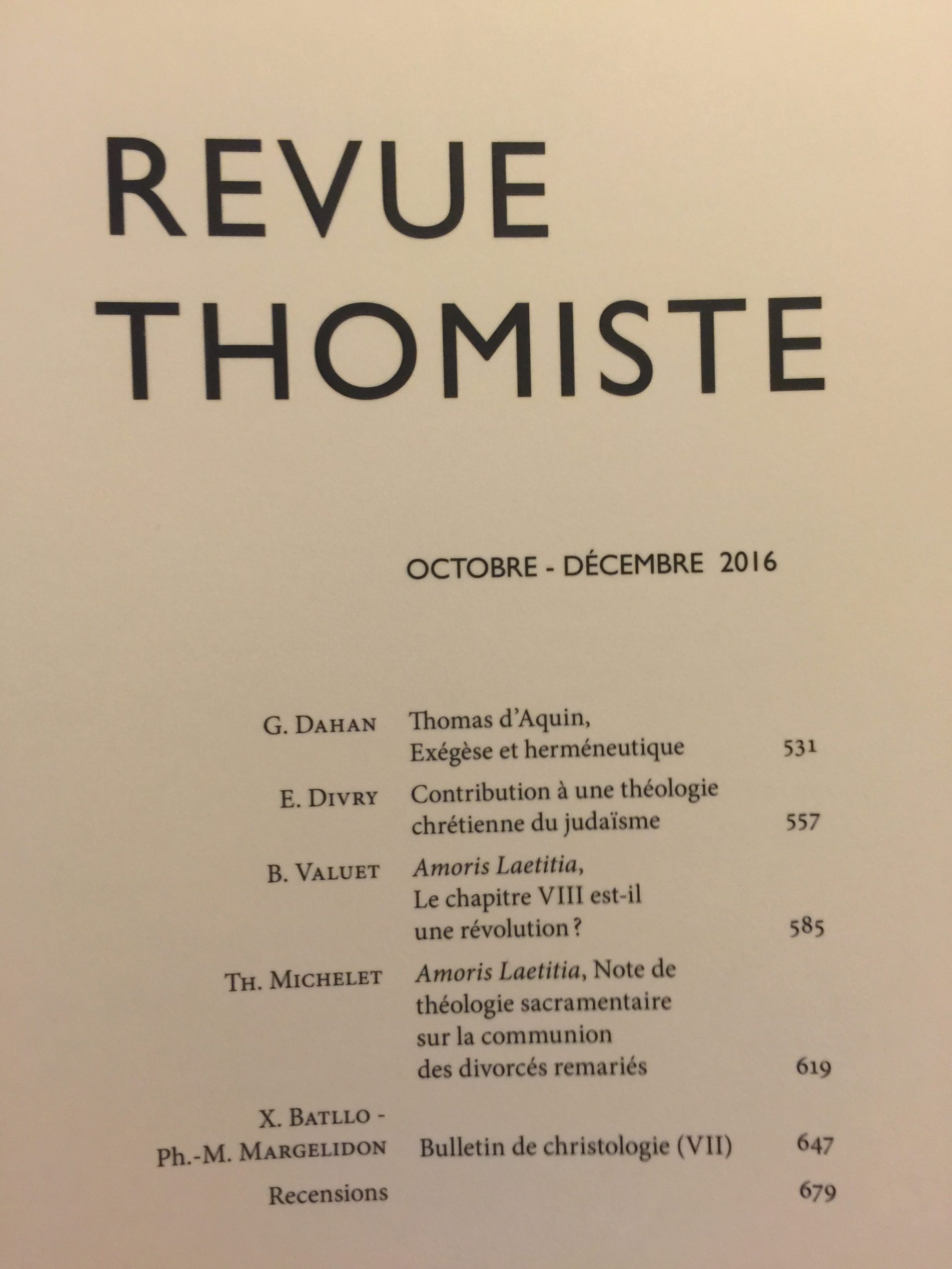 Parution dans la Revue thomiste de deux articles sur Amoris Laetitia
