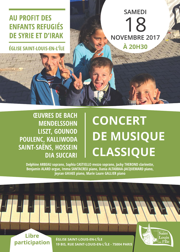 Concert en faveur des enfants réfugiés de Syrie et d’Irak le 18 novembre à Saint-Louis-en-L’île (75)