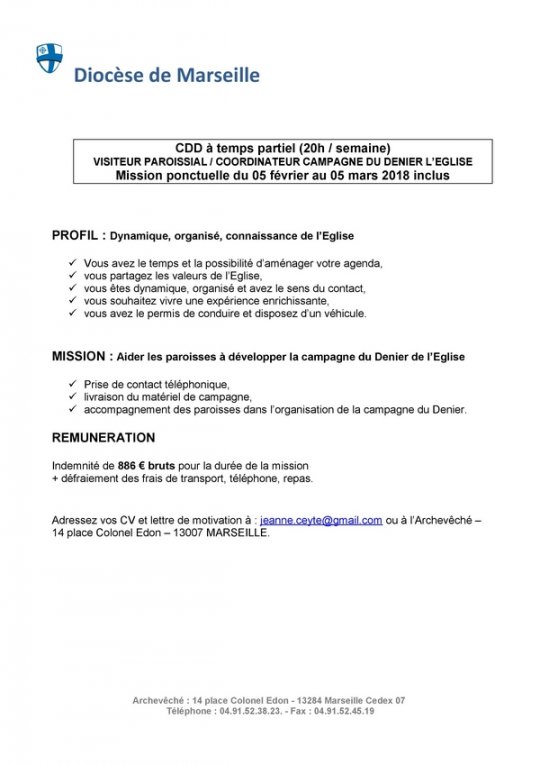 Offre D Emploi En Cdd Temps Partiel 20h Semaine Diocese De Marseille 05 02 05 03 Infocatho