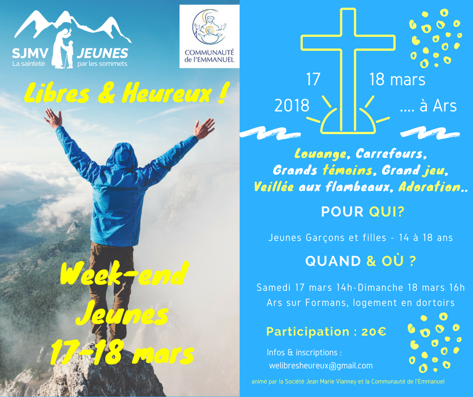 Week-end jeunes – Libres & Heureux les 17 et 18 mars 2018 à Ars-sur-Formans (01)