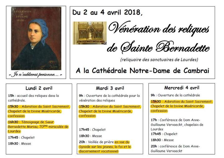 Accueil des reliques de Sainte Bernadette de Lourdes du 2 au 4 avril à Cambrai (59)