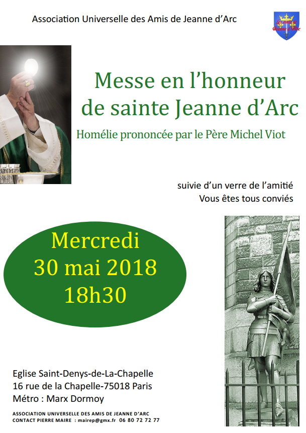Messe en l’honneur de sainte Jeanne d’Arc le 30 mai 2018 à Paris, suivie d’un verre de l’amitié