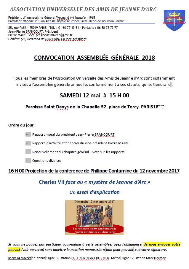 Assemblée Générale de l’Association universelle des amis de Jeanne d’Arc le 12 mai 2018 à Paris, suivie d’une conférence
