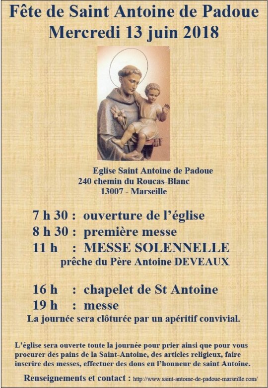 Fete De Saint Antoine De Padoue Le 13 Juin 18 A Marseille 13 Et Du 13 Au 17 Juin A Cuges Les Pins 13 Infocatho