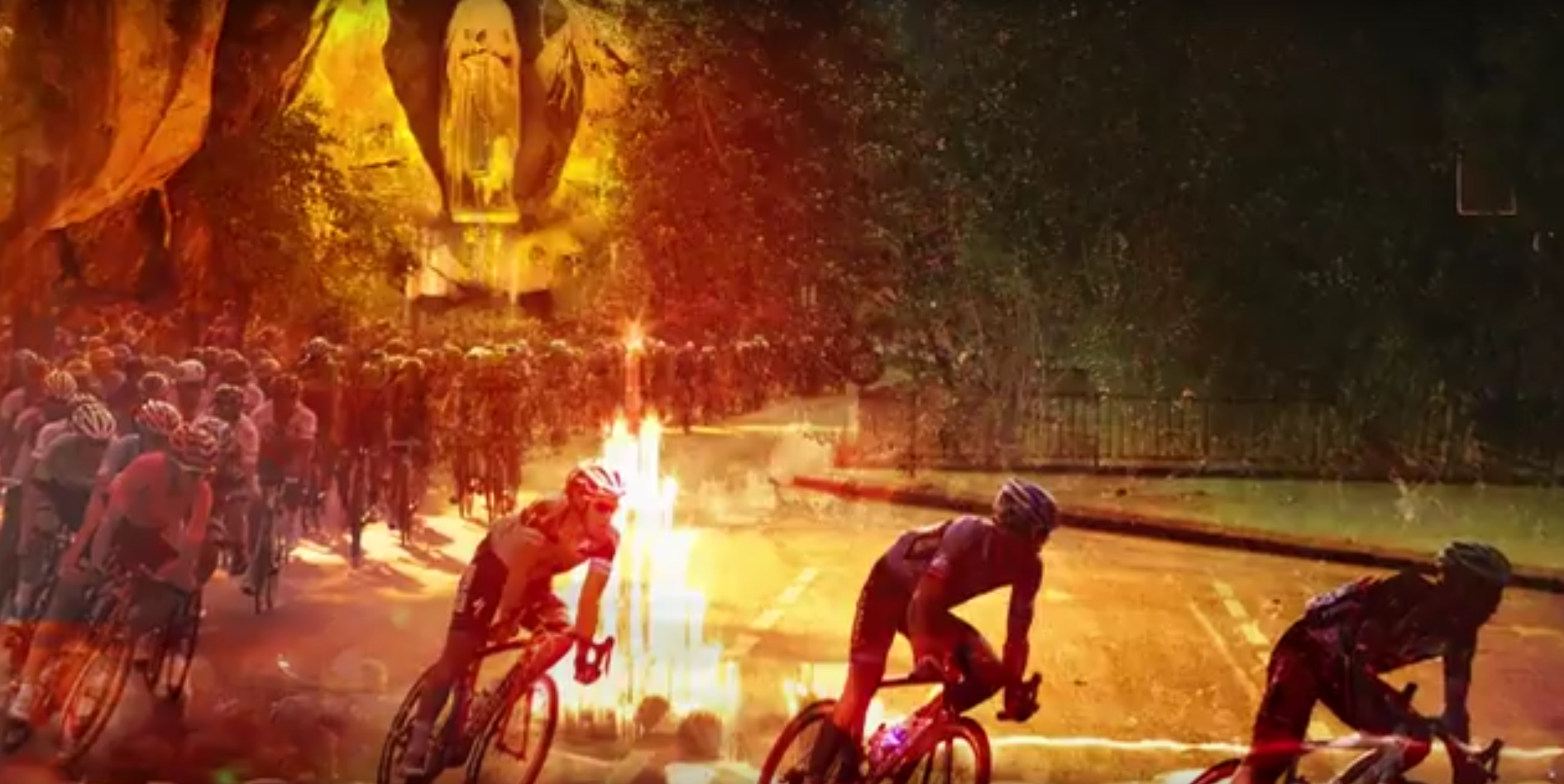 Procession des cyclistes avant le départ du Tour de France à Lourdes (65) le 26 juillet 2018