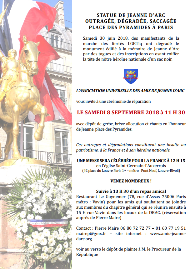 Cérémonie de réparation le 8 septembre 2018 à Paris pour l’outrage de la statue de Jeanne d’Arc place des Pyramides lors de la marche des fiertés LGBT