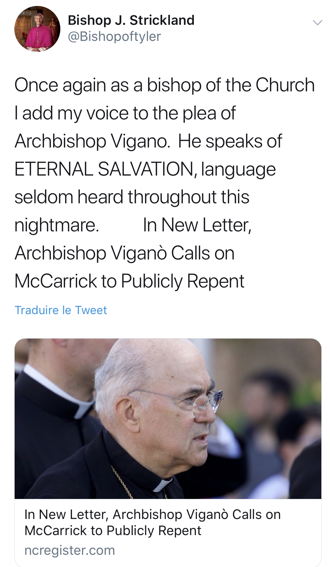 États-Unis : un évêque renouvelle son soutien à Mgr Viganò