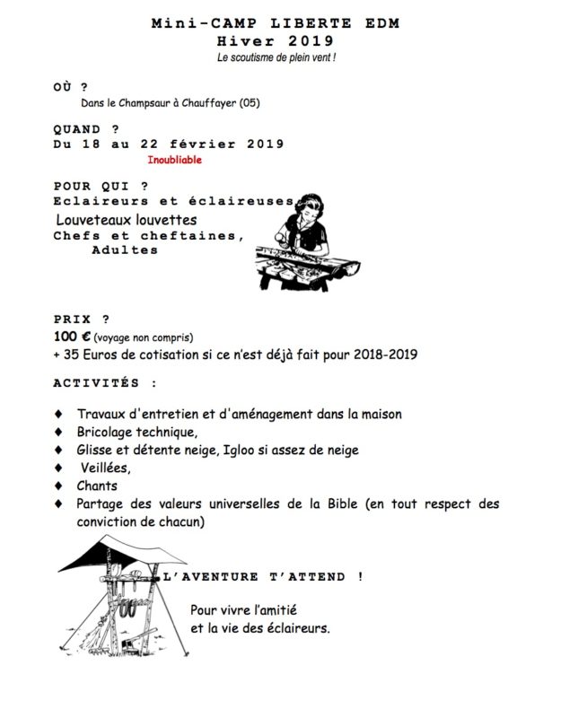 Mini camp “neige et service” du 18 au 22 février 2019 pour les 8-17 ans à Chauffayer (05)
