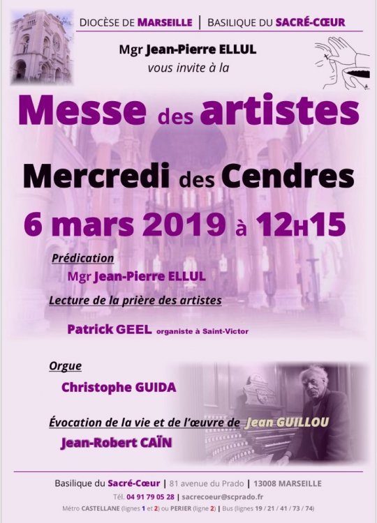 Messe des cendres, messe des artistes à la basilique du Sacré-Coeur à Marseille (13) le 6 mars 2019