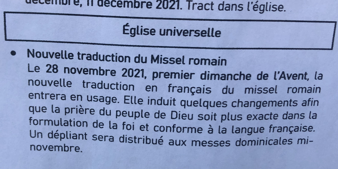 Annonce de l’entrée en vigueur de la nouvelle traduction du Missel romain